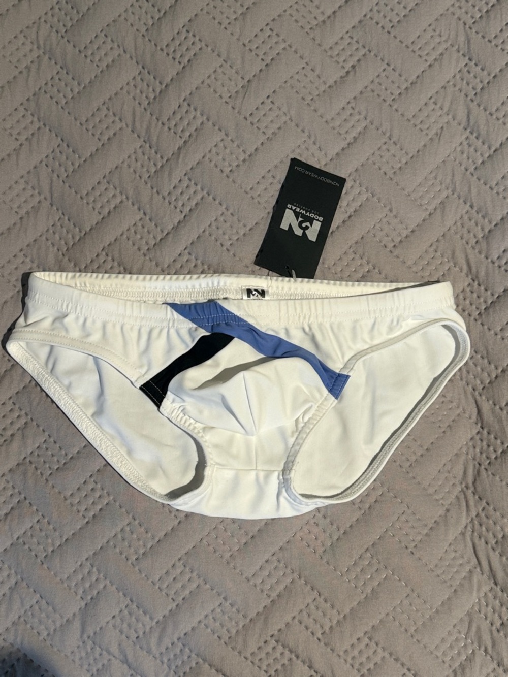 N2N Bodywear White Bikini swim Brief with Blue & Black Accents